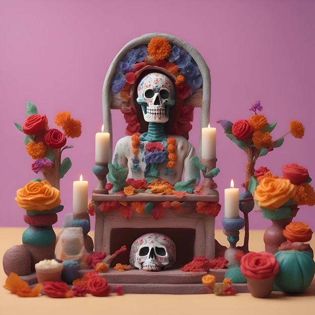무료 사진 분홍색 배경에 촛불과 꽃이 있는 죽은 설탕 두개골 동상의 날