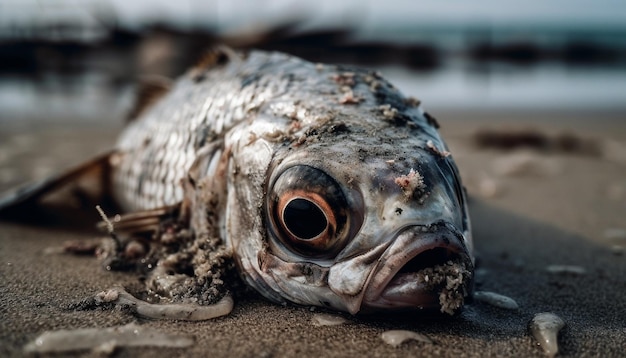 Foto gratuita un pesce morto sulla spiaggia con sopra la scritta dead