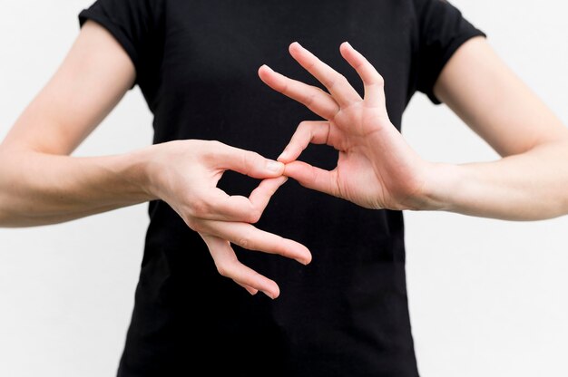 Deaf woman communicating through sign language