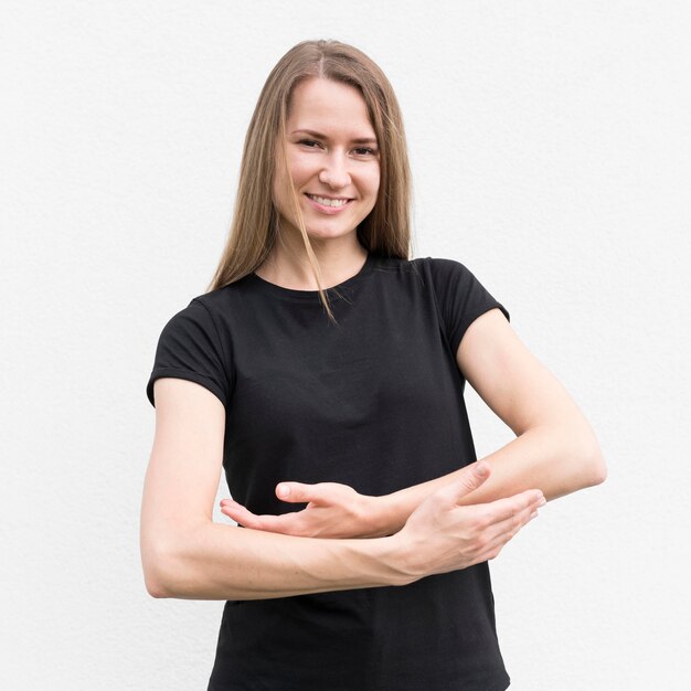 Deaf woman communicating through sign language