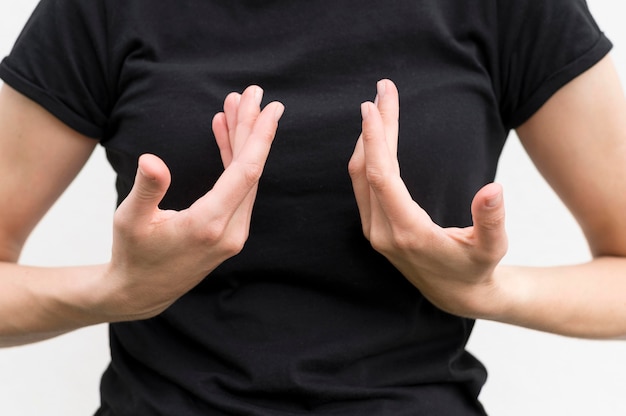 Deaf woman communicating through sign language