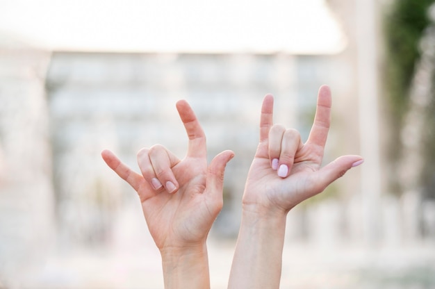 Deaf women communicating through sign language