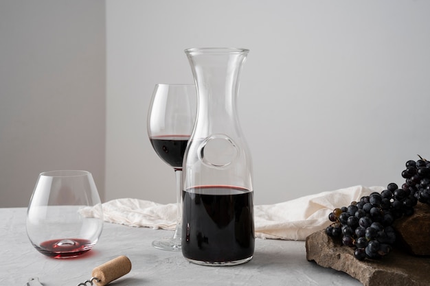 Foto gratuita decanter e bicchiere di vino sulla disposizione del tavolo