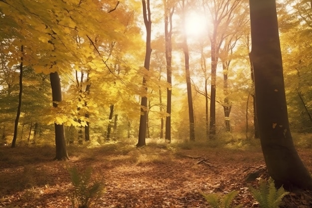 Foto gratuita alberi frondosi decidui nella foresta con atmosfera di luce solare dorata generativa ai