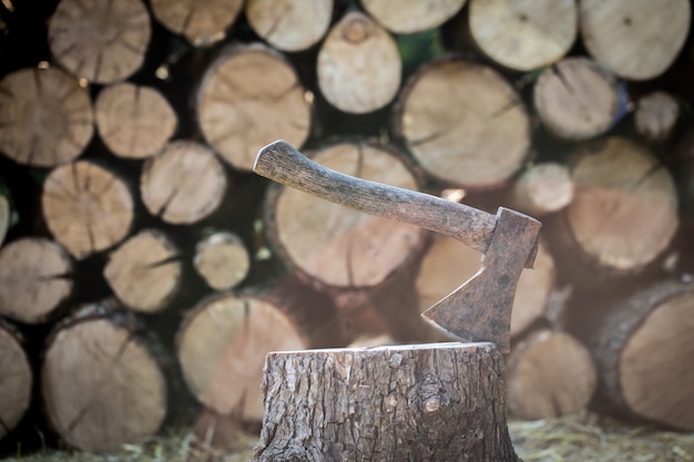 Free photo a deck of stacked logs and an axe