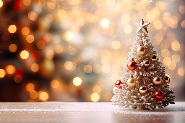 decorated christmas tree on wooden table and blurred background. Copy space