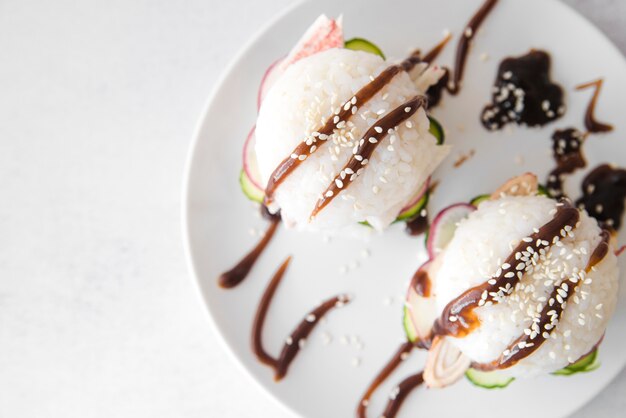 Decorated rice balls on plate