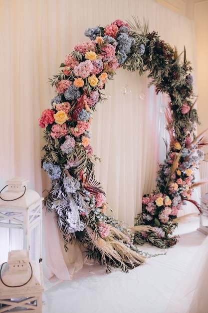 Decorated wedding tables and hall interior