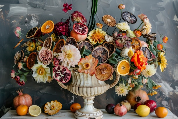 Бесплатное фото Декоративная композиция из сушеных фруктов и цветов