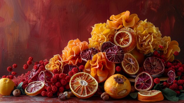 Decorative arrangement with dried fruits and flowers