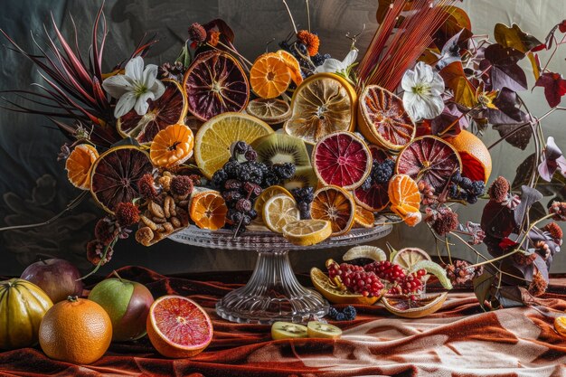 건조 된 과일 과 꽃 으로 장식 된 배열