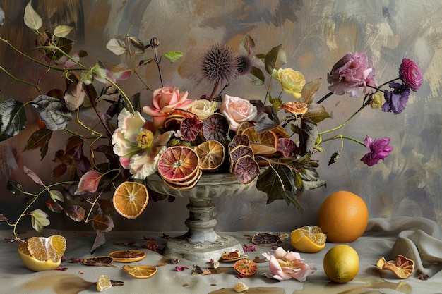 Decorative arrangement with dried fruits and flowers