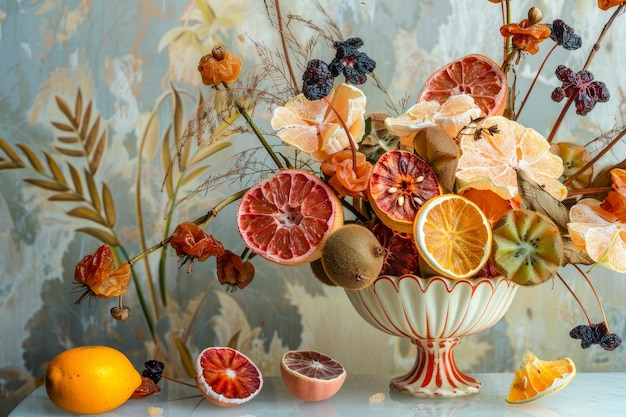 Free photo decorative arrangement with dried fruits and flowers