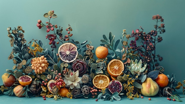 Disposizione decorativa con frutta secca e fiori