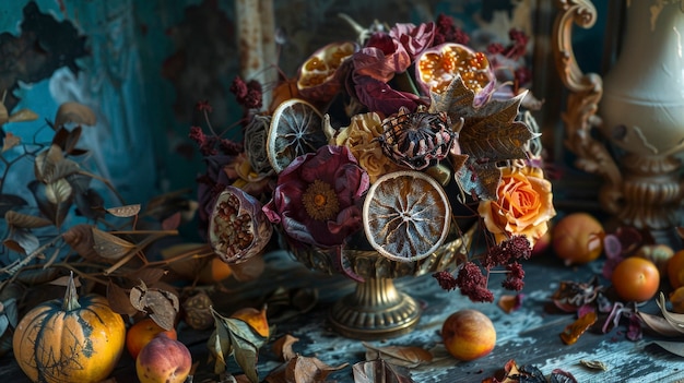 Free photo decorative arrangement with dried fruits and flowers