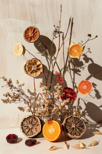 Decorative arrangement with dried fruits and flowers