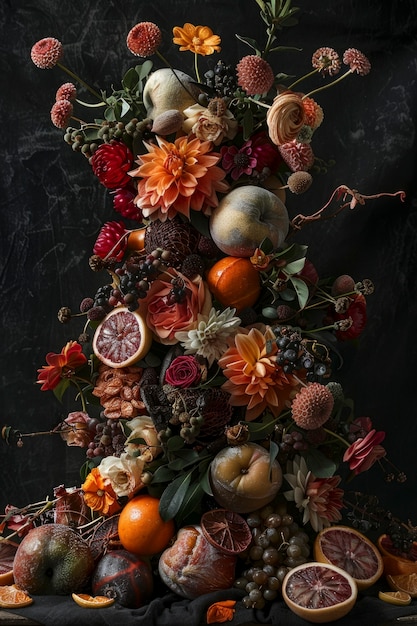 Decorative arrangement with dried fruits and flowers