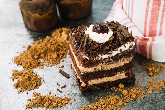 Decorative cake slice with chocolate powder on kitchen counter