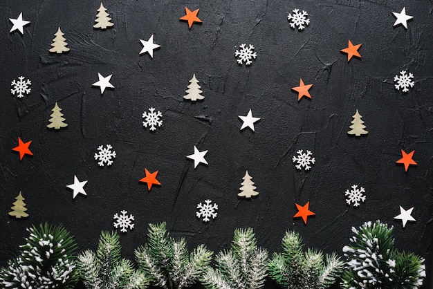 Decorative christmas background with fir, stars and trees