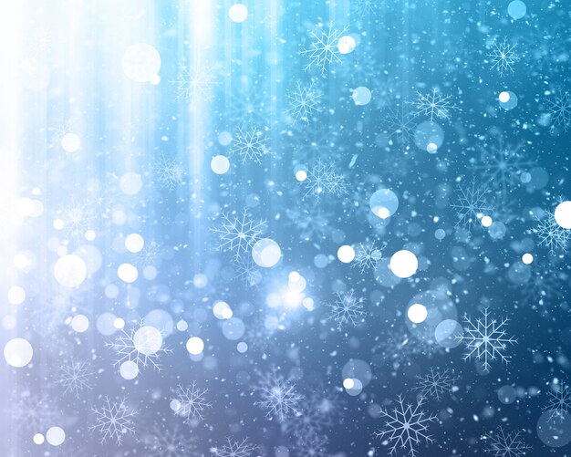 雪片とボケの光で装飾的なクリスマスの背景