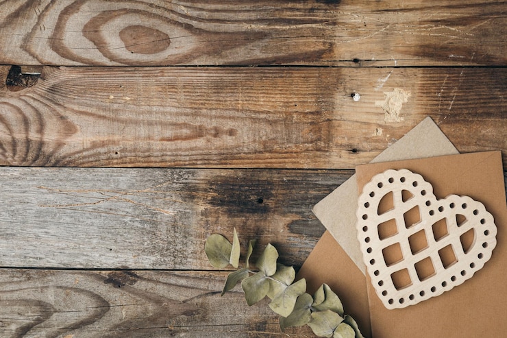 Free Photo decorative heart and letters on wooden background flat lay