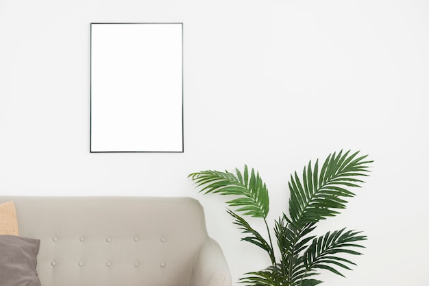 Decorative plant with empty frame and sofa