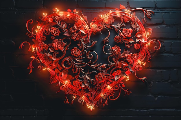 Free photo decorative red heart with glowing flowers on a dark background