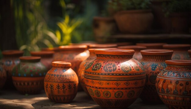 Decorative terracotta vase with intricate indigenous pattern generated by AI