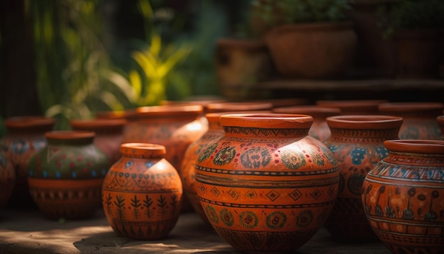 Decorative terracotta vase with intricate indigenous pattern generated by AI