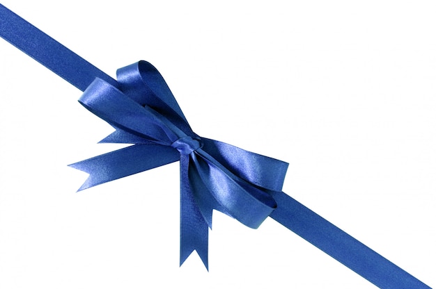 Deep royal blue gift ribbon bow corner diagonal isolated on white.