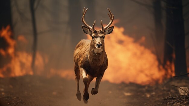 Deer running away from wildfire