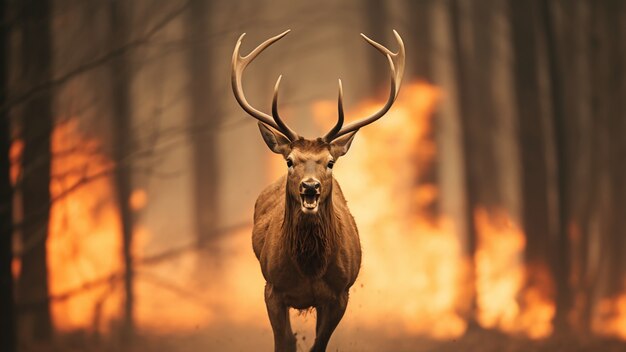 Deer running away from wildfire