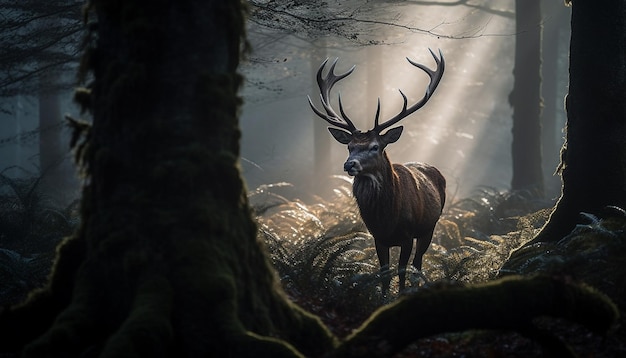 A deer in the woods with the sun shining on its antlers.