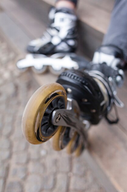 Defocused close-up of roller blades