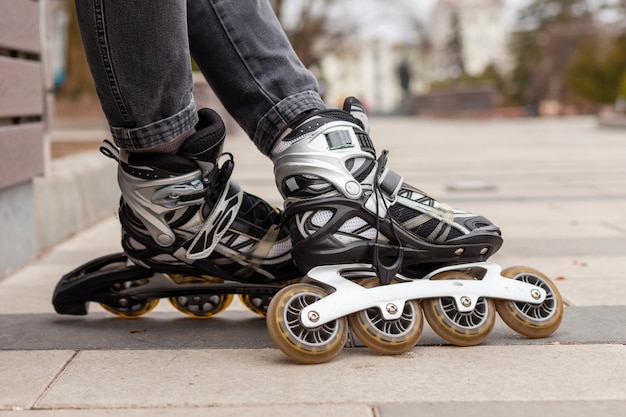 Defocused side view of roller blades