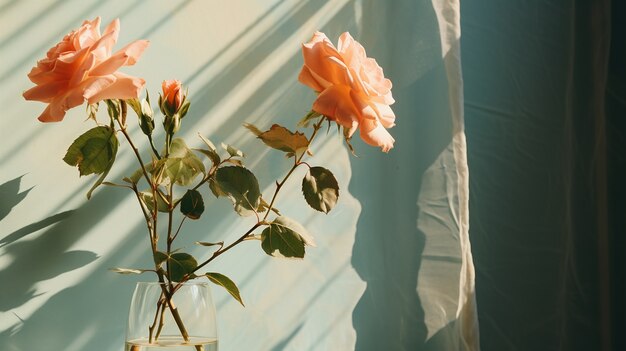 Delicate roses in vase by the window