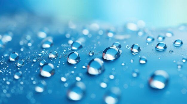 Delicate water droplets on a gradient blue background gleaming with reflected light