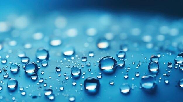 Delicate water droplets on a gradient blue background gleaming with reflected light