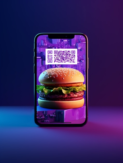 Бесплатное фото Вкусный 3d-гамбургер с современным смартфоном
