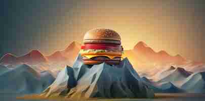 Бесплатное фото Вкусный 3d бургер с горными пейзажами