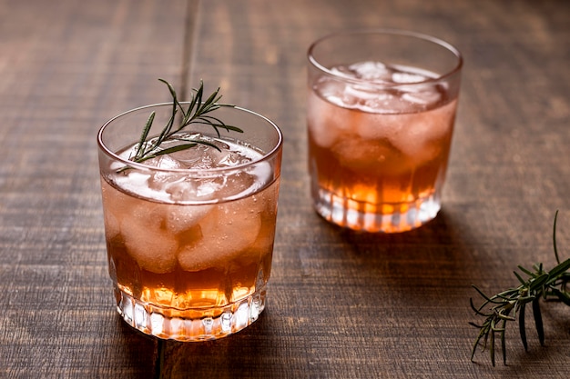 Delicious alcoholic drinks with rosemary