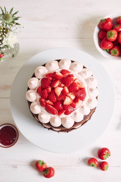 Бесплатное фото Вкусный и сладкий торт с клубникой и байзером на тарелке