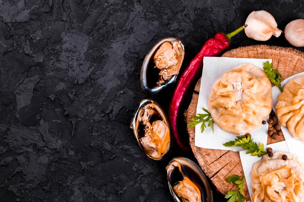 delicious asian dumplings with copy space