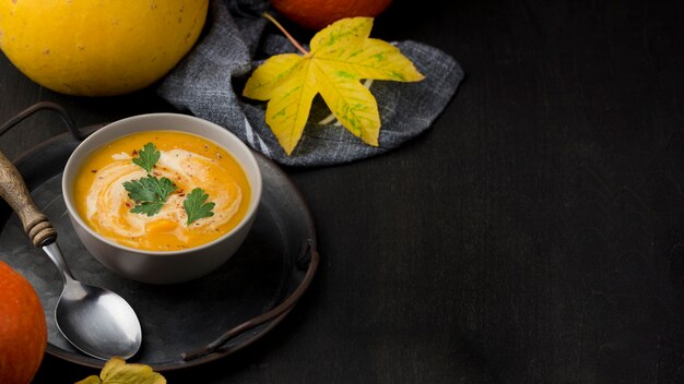 Delicious autumn soup arrangement with copy space