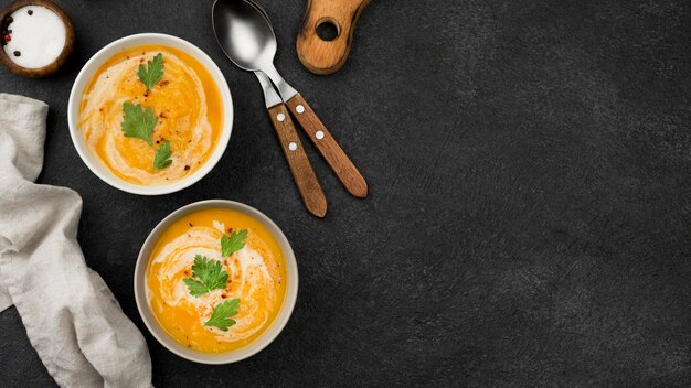 コピースペースとおいしい秋のスープの組成