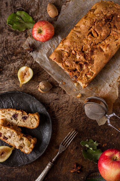 Delicious baked bread flat lay