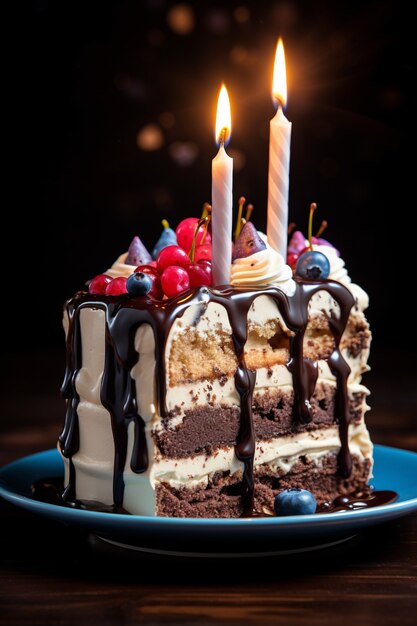 Delicious birthday cake with candles