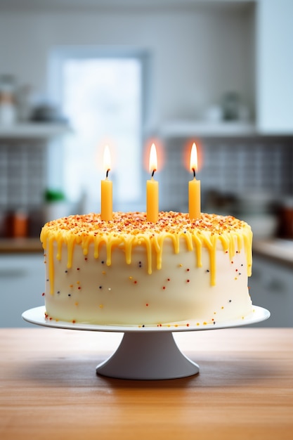 Delicious birthday cake with candles