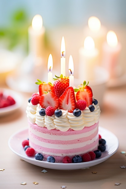 Delicious birthday cake with candles