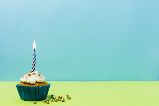Delicious birthday cupcake with copy space